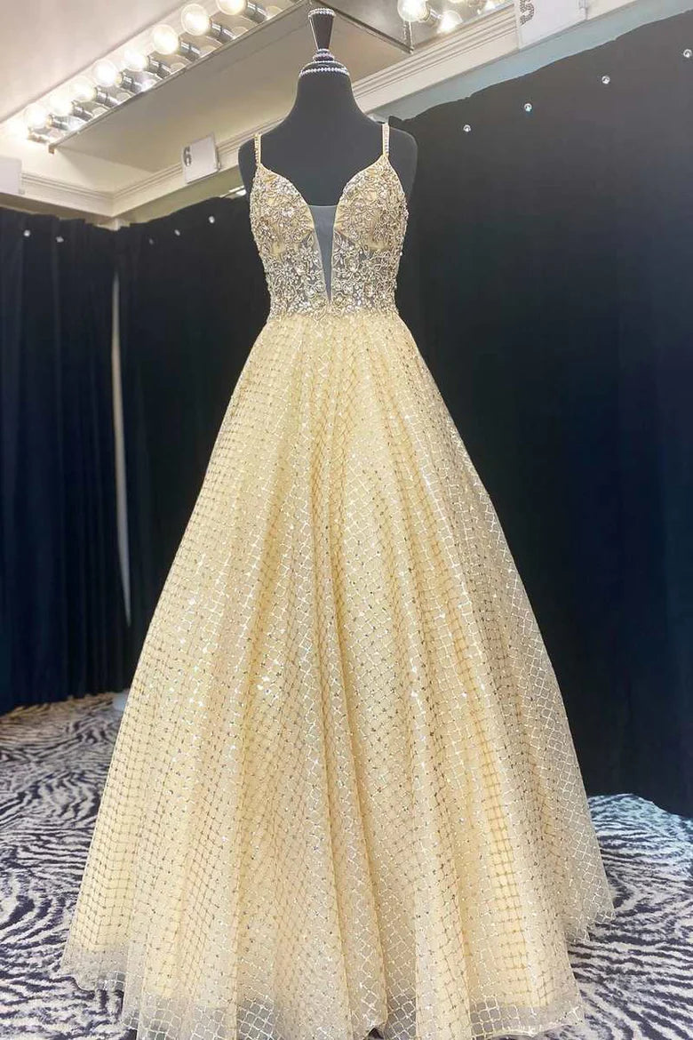 Vestido de fiesta de cuento de hadas con escote profundo, corte A y cuentas